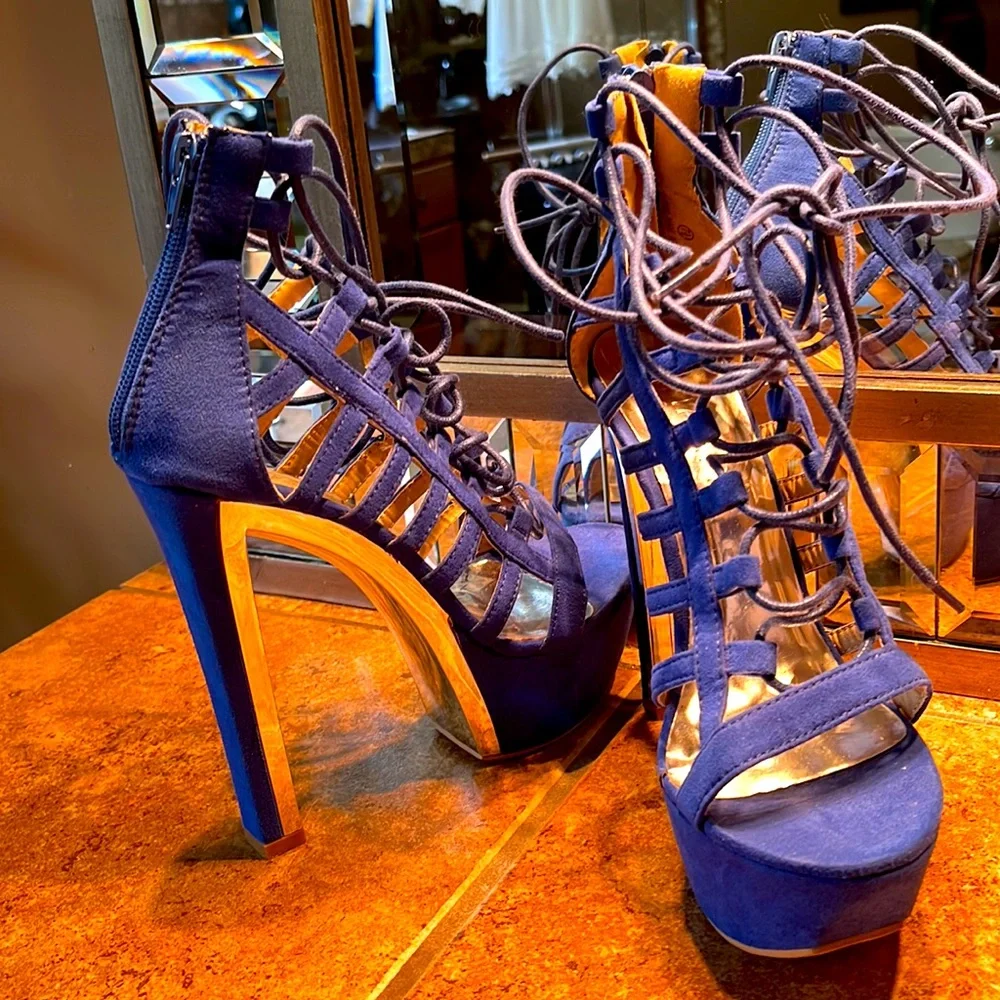 Blue Lace Up Platform Sandals